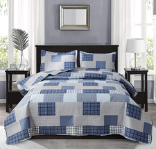 Blue Plaid Quilt Set Full/Queen 3pcs Lightweight Summer Bedding Reversible Moder