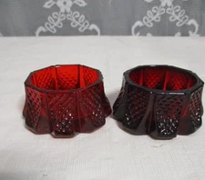 Vintage Mosser Glass Ruby Red Hatched Panel Open Salt Cellar Dip - Set of 2