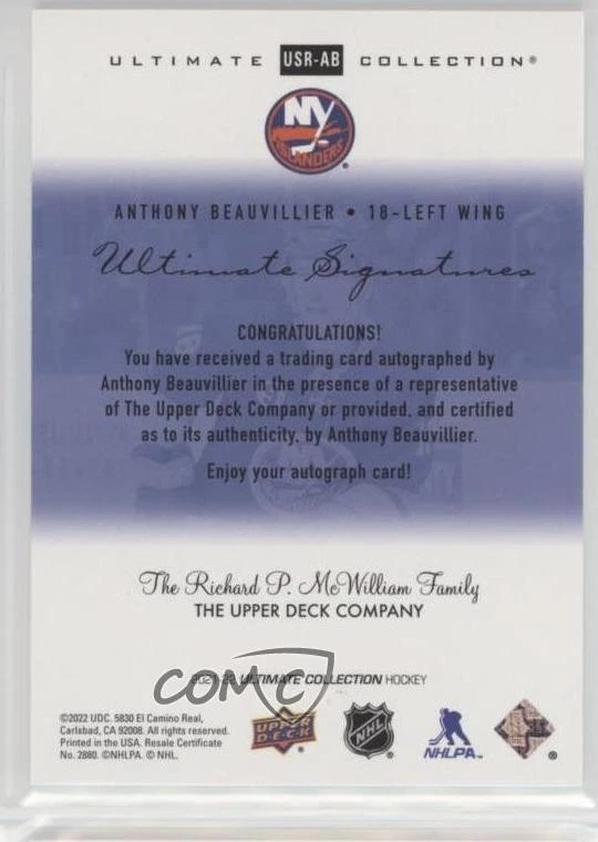 2021-22 Upper Deck Ultimate Collection Gold /10 Anthony Beauvillier #USR-AB Auto - Image 2 of 2