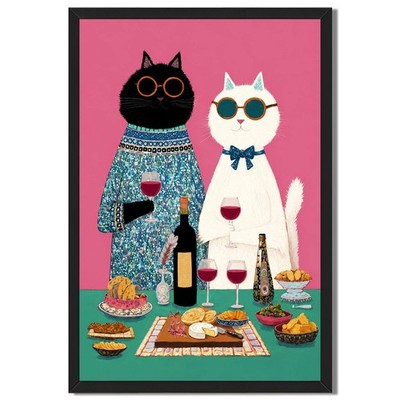 Cat Couple Wine Dinner Wall Art Canvas Oil Paintings Reproduction