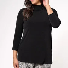 Susan Graver Size 1X Petite Black Modern Essentials Liquid Knit Mock-Neck Tunic