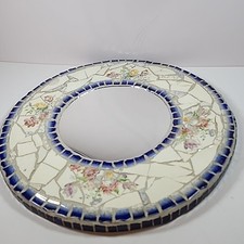Hand Crafted Mosaic Mirror Broken China Blue White Floral 14.5" Signed EUC 