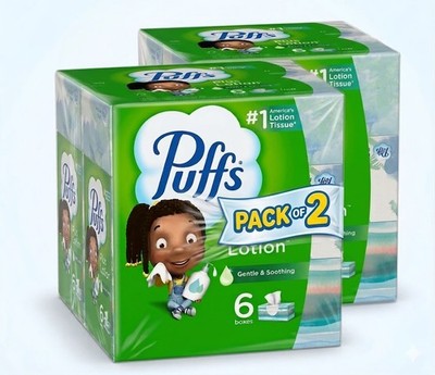 Puffs Plus Lotion Facial Tissues 6 Family Boxes 124ct Per Box (Pack of 2)