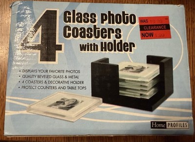 New in box Home Profiles Glass Photo Coasters with storage holder