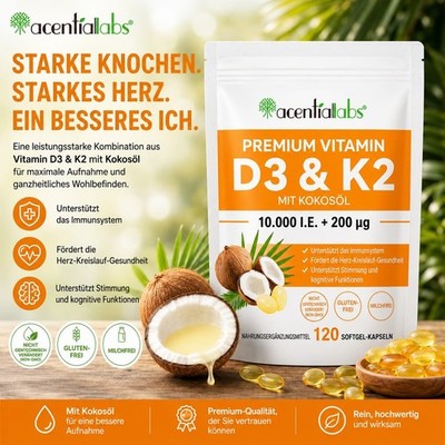    Acentia Labs Vitamin D3 10.000 IE+K2 200 µg/120 Softgels | Premium Qualität