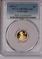 1991-P Gold Eagle 1/10 oz. $5 PCGS PR70 Deep Cameo. Free shipping.