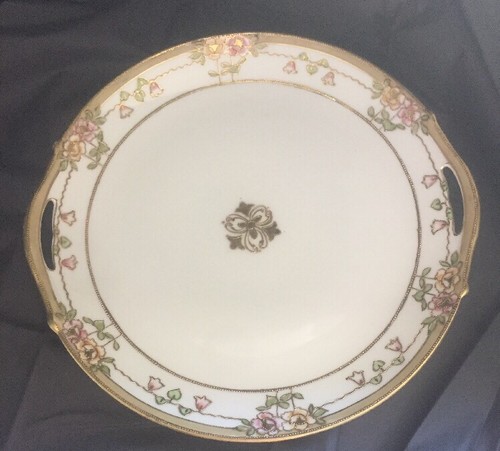 Vintage Nippon China Floral Cake Serving Plate Gold Handles Hand Painted - Picture 3 of 12