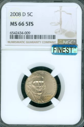 2008 D JEFFERSON NICKEL NGC MS66 FS MAC FINEST BUSINESS STRIKE & SPOTLESS POP 10