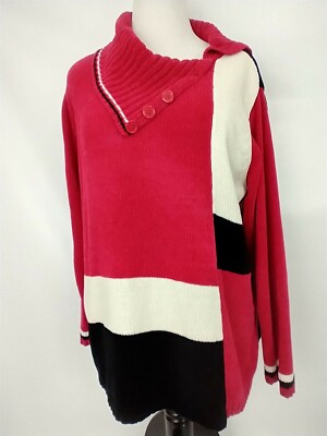 White Stag Womens Plus Sz 18W/20W Colorblock Red Black White Long Sleeve Sweater