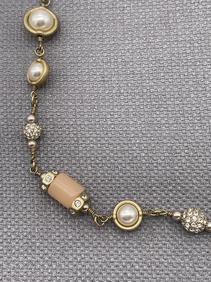 J Crew Pale Coral / Pink, Crystal, Pearl , Gold Tones Link Necklace - Image 4 of 4
