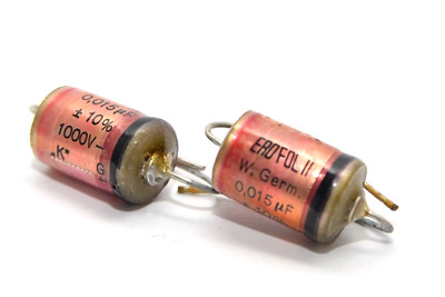 2x Vintage Audio-Kondensator v. ERO Erofol II, 0.015 μF / 1000 V, Capacitor, NOS