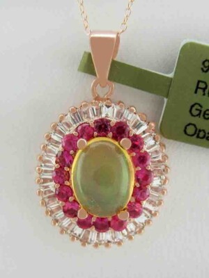 ECHTER OPAL, LABORGEFERTIGTER RUBIN & MIT SAPHIR ANHÄNGER .925 SILBER (ROSE) - NEU MIT ETIKETT