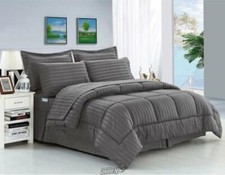 Dobby Stripe 8-pc. Comforter Set bed skirt Sheet Flat Fitted Shams Grey Queen