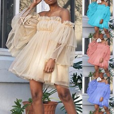 Women's Romantic Off Shoulder Flounce Long Sleeve Wedding Ruffle Mesh Party Mini