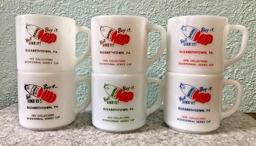 Vintage Baum's Bologna Bicentennial Federal Milk Glass Mugs Complete Set of 6
