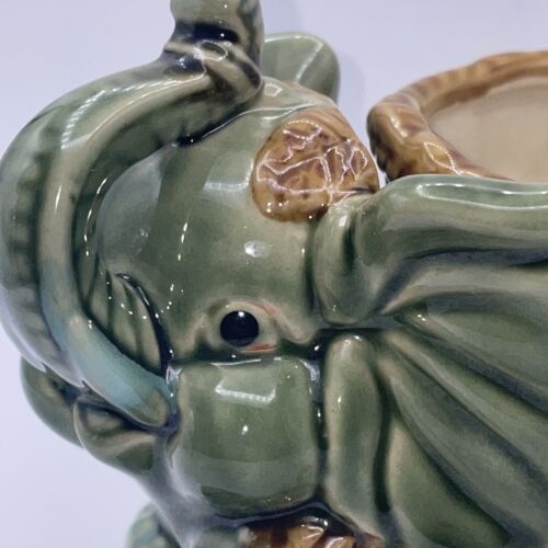 Vintage Ceramic Happy Elephant Planter Trunk Up Green Pottery Brown Green Glaze - Picture 3 of 11
