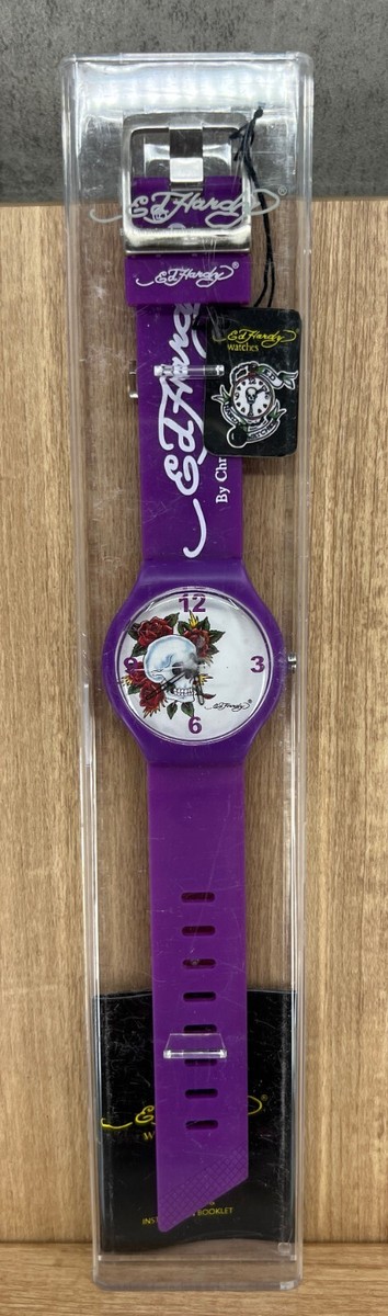 Ed Hardy Mens Fashion Quartz Skull Roses Purple Watch | eBay display picture 1