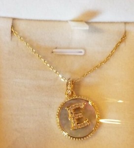 Authentic Yukadi Gold Plated Disc Raised Letter Mother of Pearl Background Necklace E