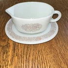 Vtg Pyrex Milk Glass Woodland Pattern Gravy Boat Under Drip Plate Set