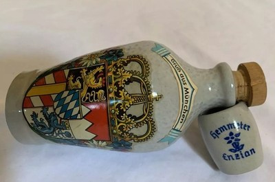 German Hemmeter Enzian Munich 5  Empty Ceramic Bottle w/ Shot Glass Cup -C06