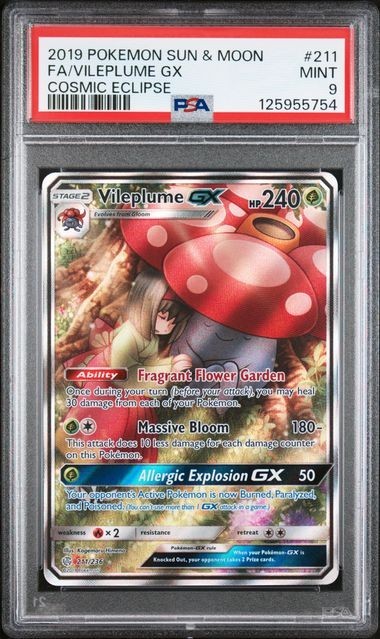 PSA 9 VILEPLUME GX 211 COSMIC ECLIPSE SUN & MOON ALT ART ERIKA POKEMON MINT