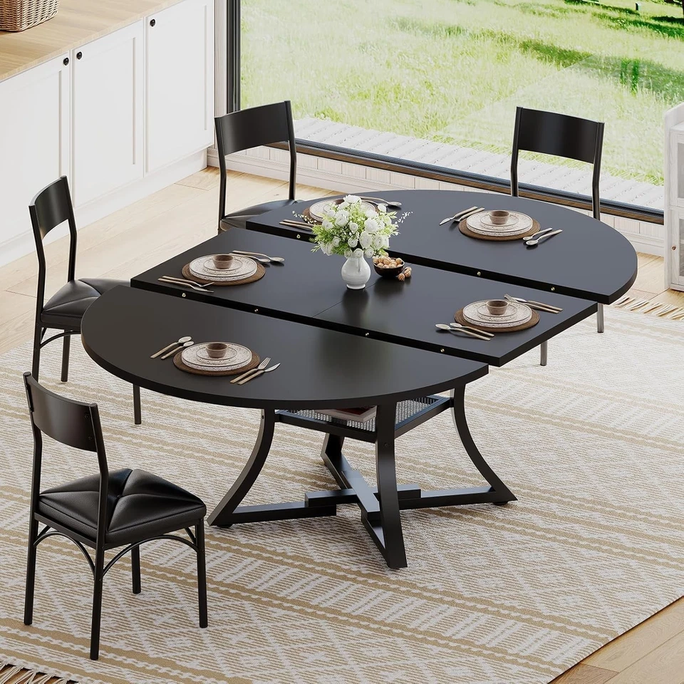 Round Extendable Dining Table Set, Kitchen Table Set with 4 Cushion Chairs - Image 2 of 4