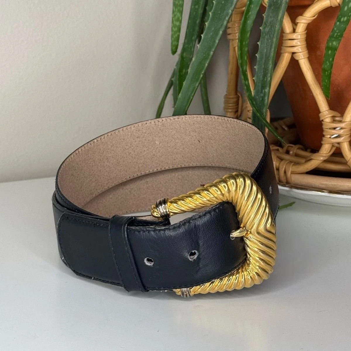 VTG Anne Klein Double Lion Belt Necklace Retro Ribbed Gold Tone 1970s Bold 24\