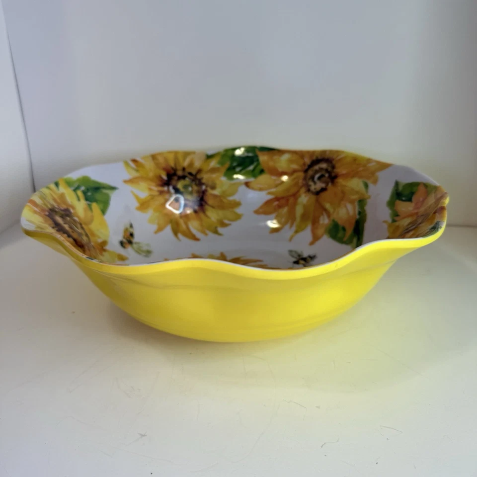 Sunflower Melamine Large Serving Bowl Yellow Bees 12” Summer Garden Floral - Image 2 of 4