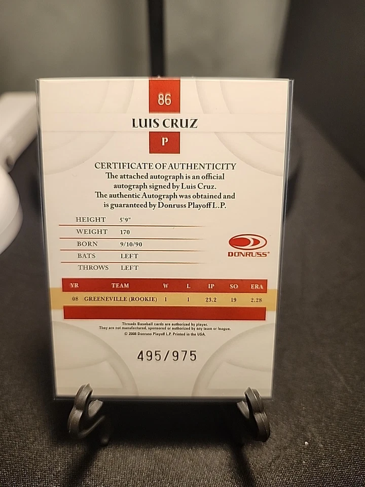 2008 Donruss Threads - Luis Cruz #86 Gold Signatures /975 (AU) - Image 2 of 2