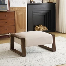300lb Sleek and Stylish Ottoman with Brown Rubberwood Legs for Home, Beige