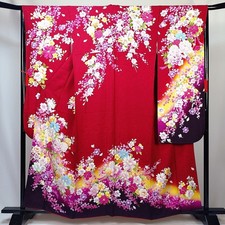 Vintage Japanese Silk Furisode Kimono   Red Sakura Peony Gold