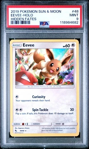 2019 POKEMON SUN & MOON HIDDEN FATES #48 EEVEE-HOLO PSA 9