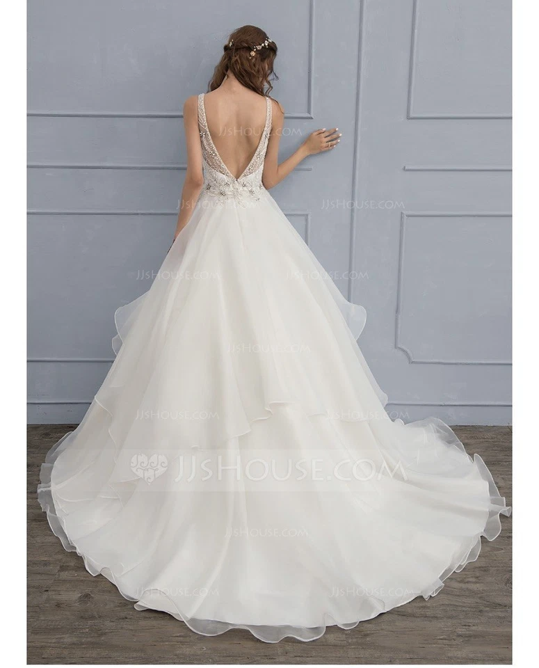 Abito da ballo scollo a V corte treno organza abito da sposa con paillettes... - Immagine 2 di 4