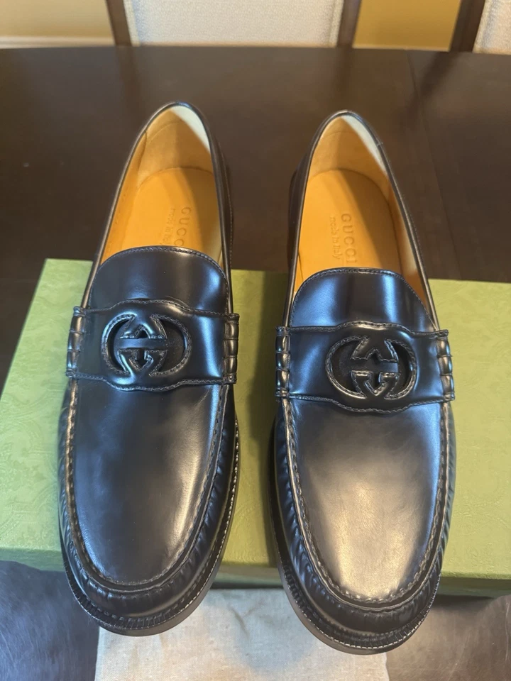 Nuevo Gucci GG Logo Negro Cuero Mocasines Zapatos Sin Cordones Talla UK 12.5 / US 13 Foto 3 de 4