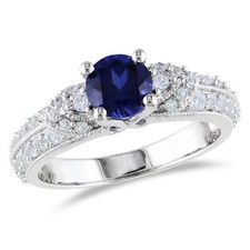 AMOUR Created Blue and Created White Sapphire Engagement Ring In Sterling Silver