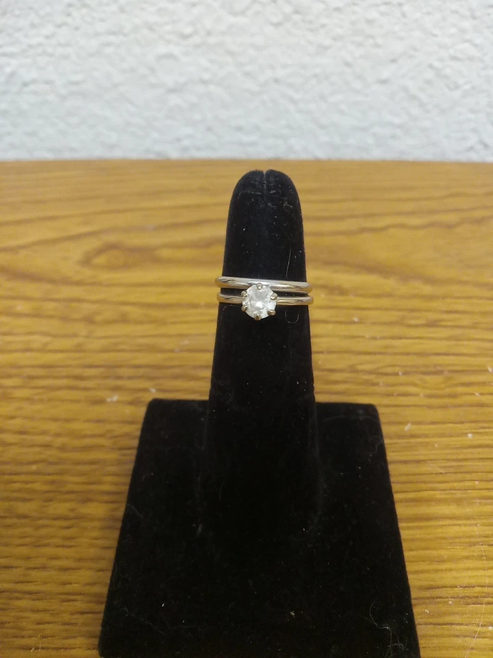 Wedding Set 14K White Gold Vintage Size 4 VERY SMALL Sautered Together READ - Image 2 of 4