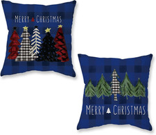 Christmas Pillow Covers 16x16 Inch Set of 2 Trees Red Black Green Dark Blue Buff