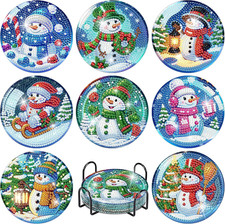 8 Pcs Christmas Diamond Painting Coasters Kits with Holder, DIY Snowman Diamond