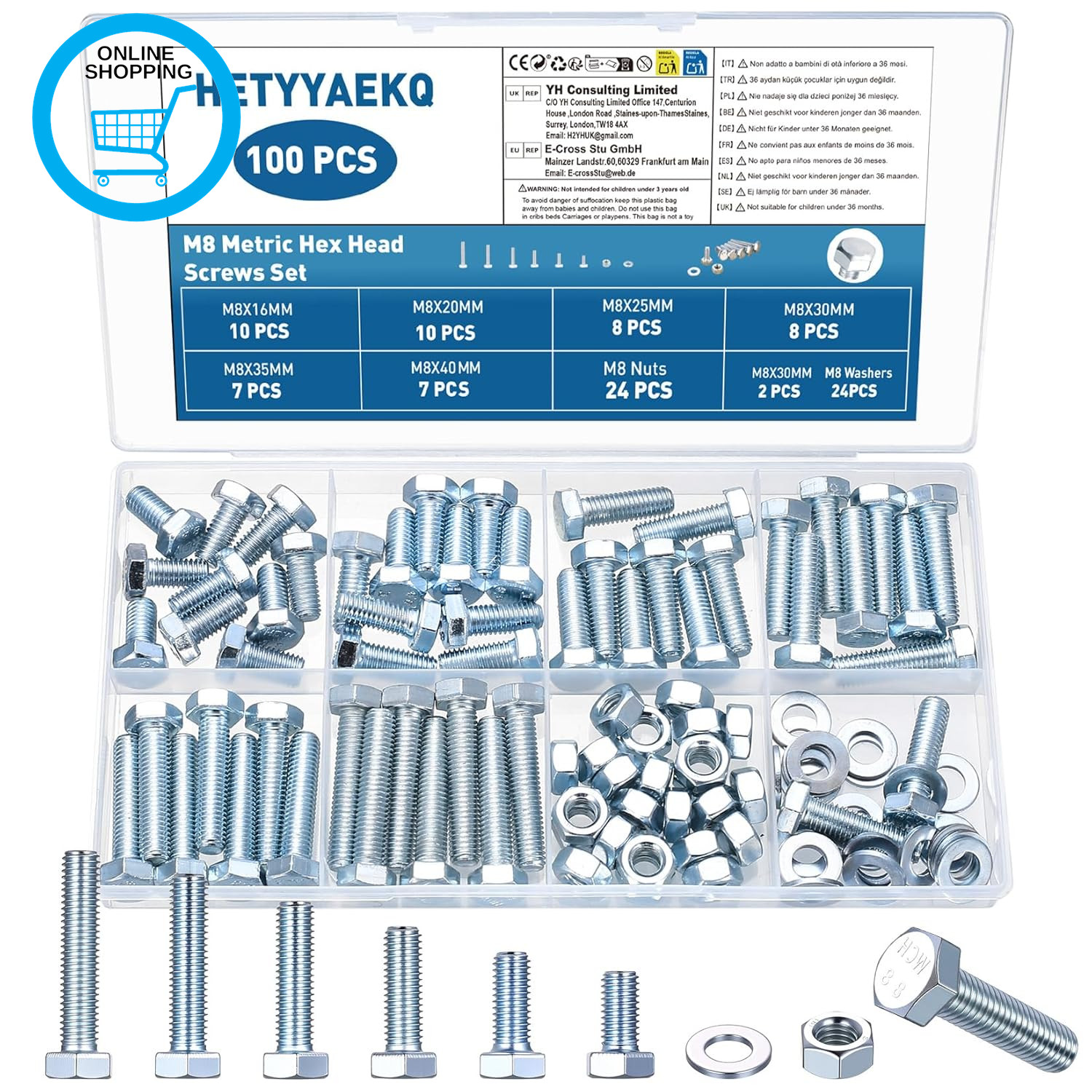 100 Pcs M8 Hex Bolts and Nuts Set, Machine Screws Assorted Nuts and Bolts Set wi