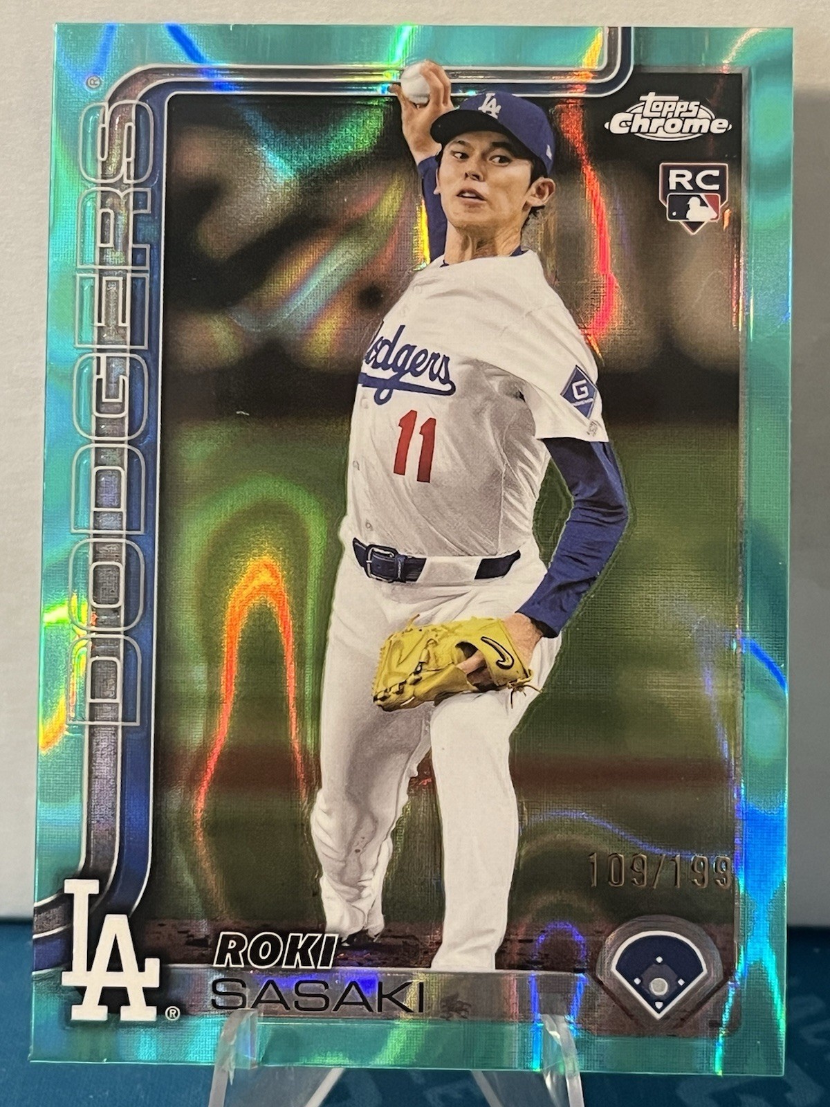 2025 Topps Chrome Baseball Roki Sasaki Aqua Raywave Rookie Refractor /199 #217
