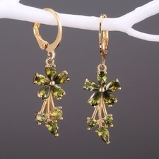 14K Gold Plated Green Crystal Flower Dangle Drop Earrings for Women,Hoop Earring