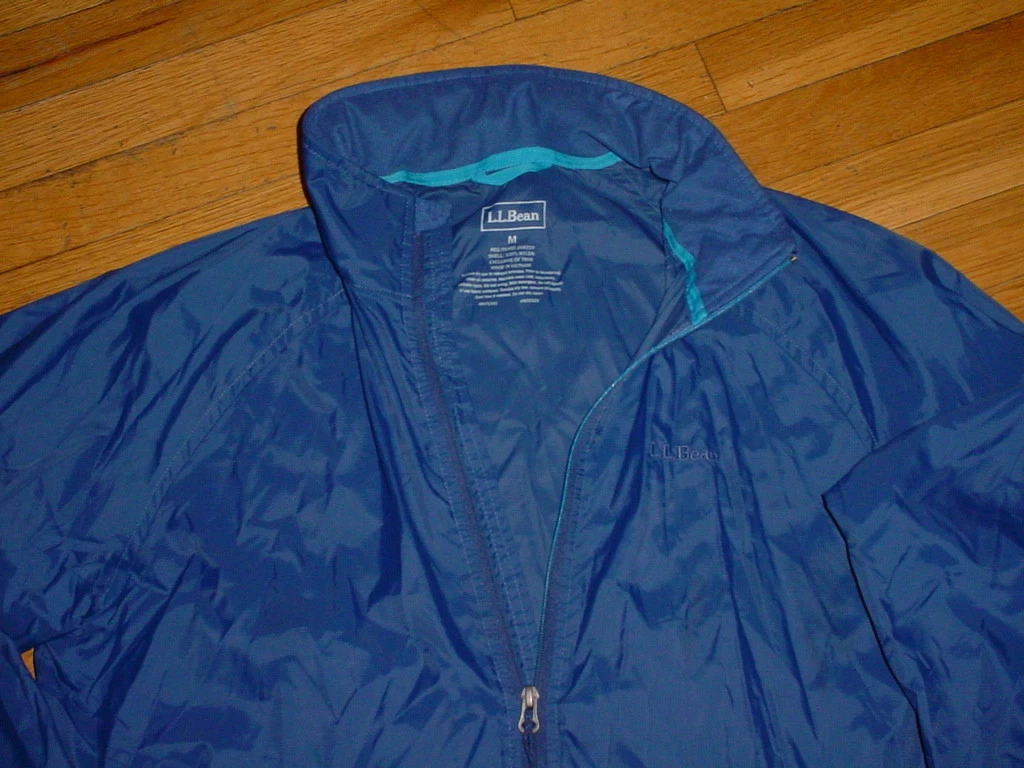 L.L.Bean Packable Rain Jacket Windbreaker Hideaway Hood Blue Logo Men's M