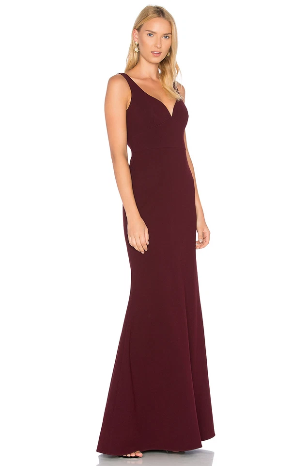 JILL STUART Raisin Red Purple V-Neck Open Back Stretch Crepe Mermaid Maxi Gown 4 - Image 4 of 4