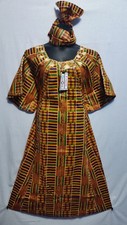 African Kente Women Long Dress w/ Scarf Orange Maroon Green Big Cut S M L XL