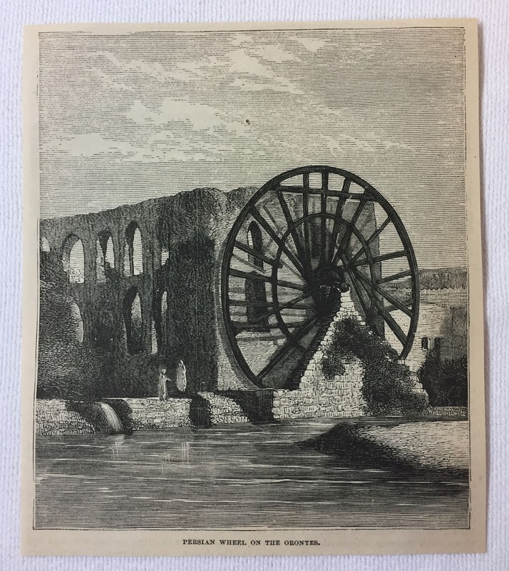 1872 magazine engraving ~ PERSIAN WHEEL ON THE ORONTES Syria