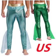 Mens Halloween Mermaid Sea God Costume Metallic Shiny Fishscale Print Pants