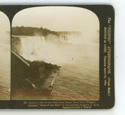 Falls from Upper Steel Arch Bridge Niagara Maid Mist HC White Stereoview