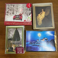 Vintage Christmas Cards Boxed Santa Angel Lighthouse Tree, Lot of 69