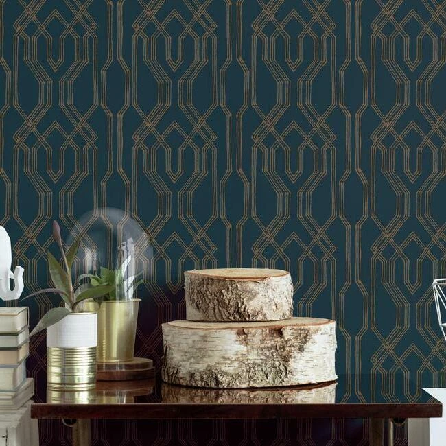 Wallpaper Blue and Gold Oriental Lattice , 60 sq ft Bolt - Image 2 of 4