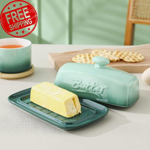 Large Porcelain Butter Dish with Lid, Classic Matte Butter Keeper for Counterto - Picture 5 of 12